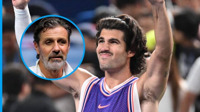 Pictured: Patrick Mouratoglou (inset) next to a pumped up Carlos Alcaraz
