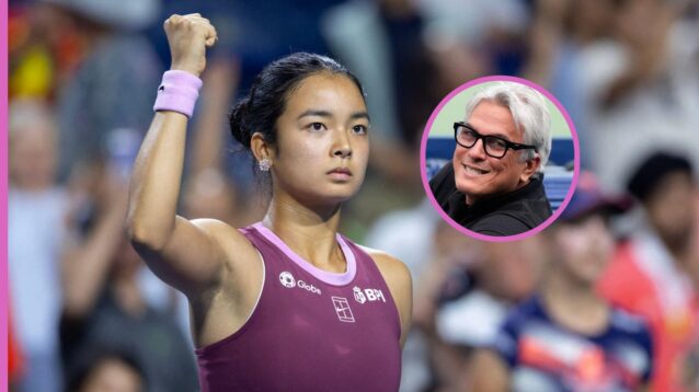 Pictured: Alex Eala raises her fist into the air, with tournament director Karl Hale (inset)