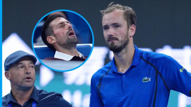 Pictured: Daniil Medvedev looks forlorn, with an exhausted Novak Djokovic (inset)